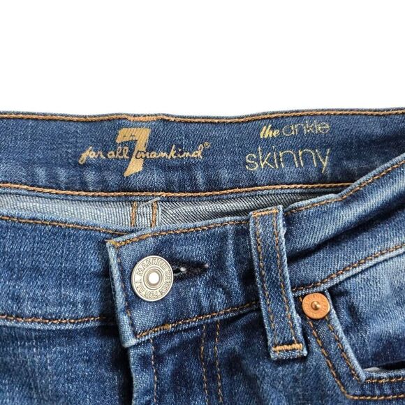 7 for All Mankind Ankle Skinny Jeans Womens 27 Blue Denim Frayed Zip Fly Stretch - Picture 4 of 8